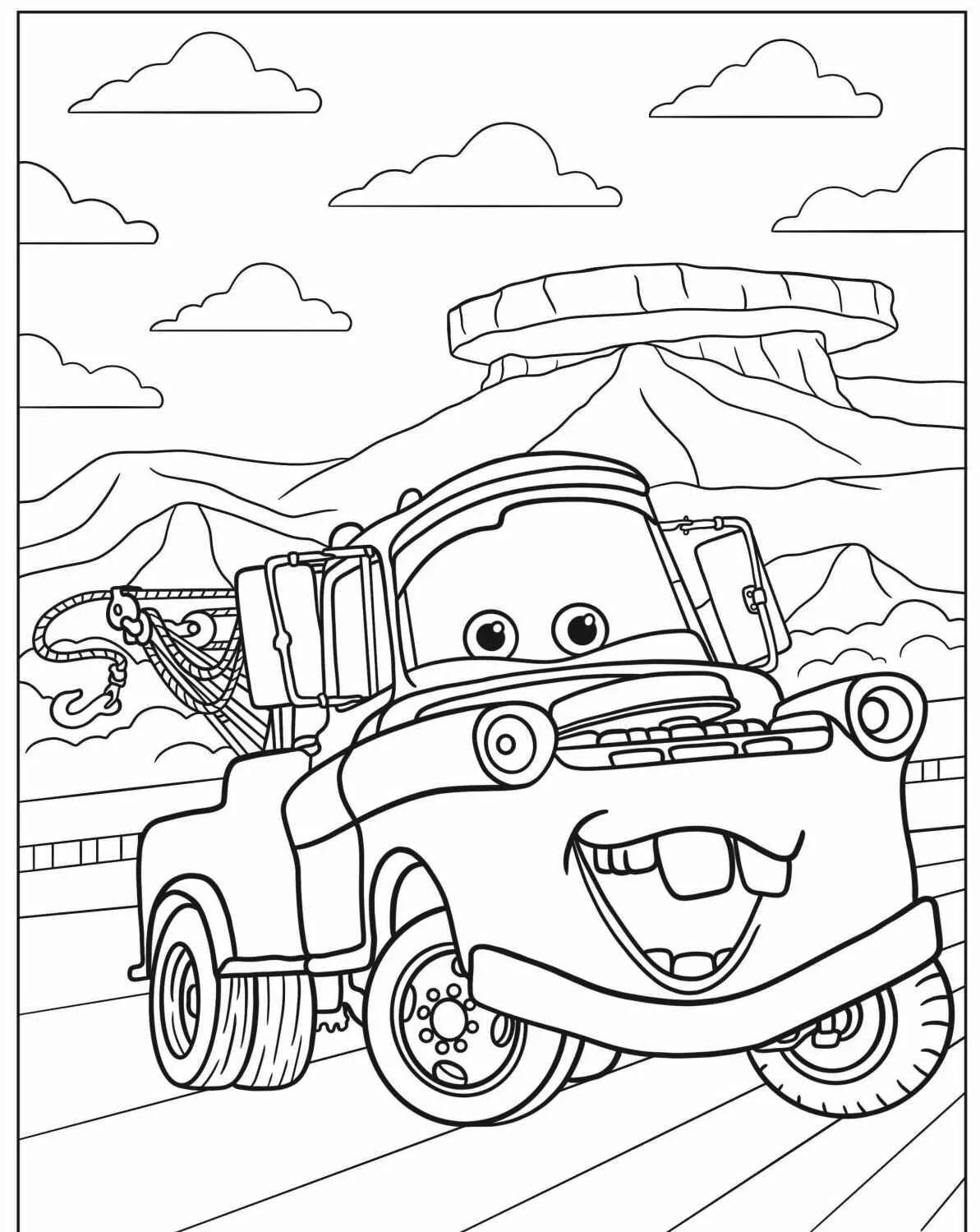 Desenho de caminhão de reboque animado em uma estrada com montanhas ao fundo