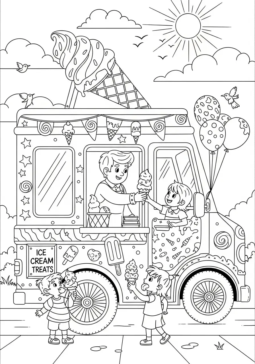 Desenho de um caminhão de sorvete com crianças recebendo sorvetes