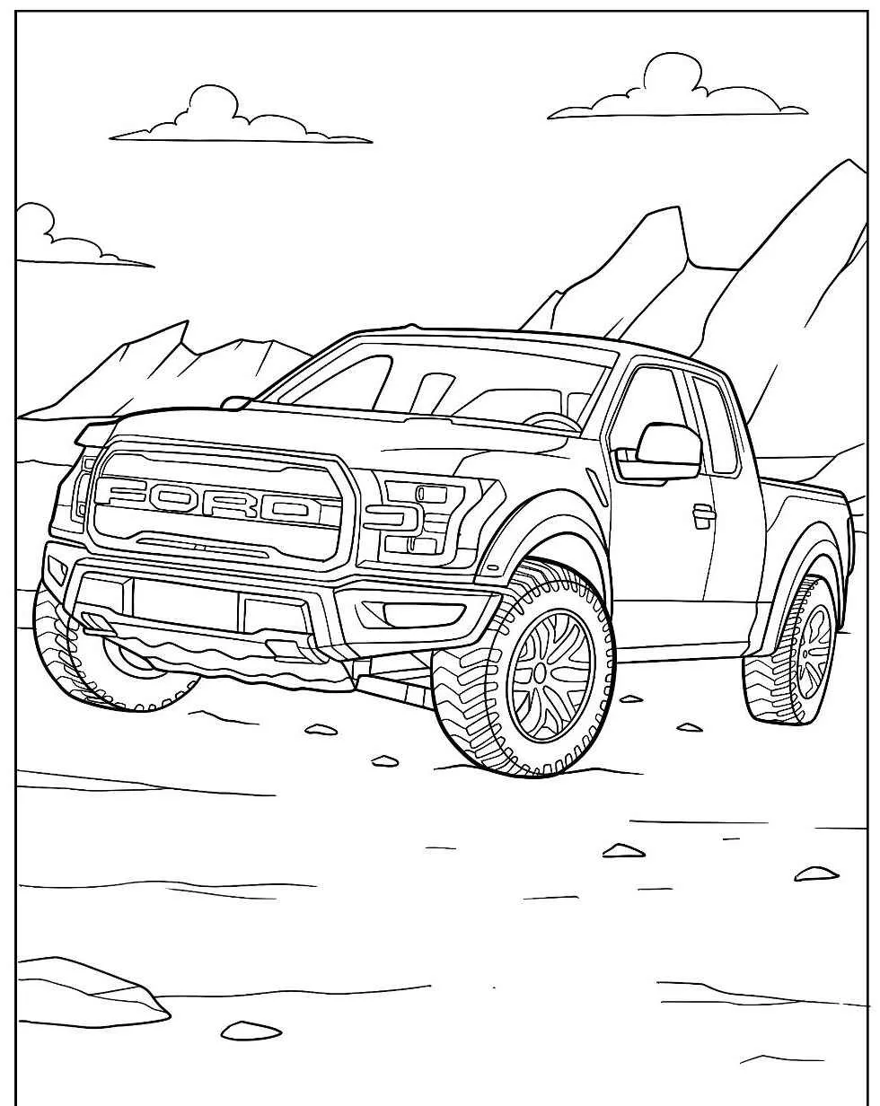Imagem de uma caminhonete off-road em um cenário montanhoso para colorir