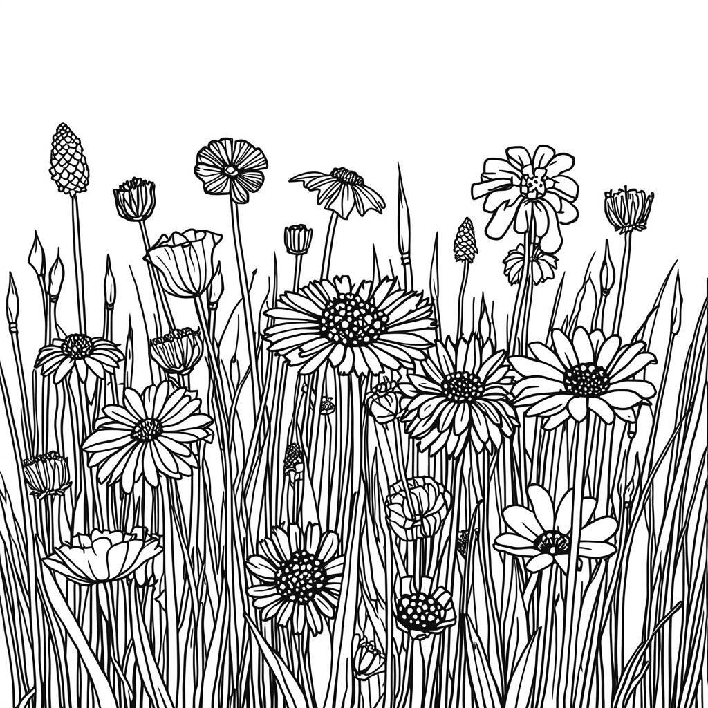 Desenho em preto e branco de um campo cheio de flores silvestres para colorir.