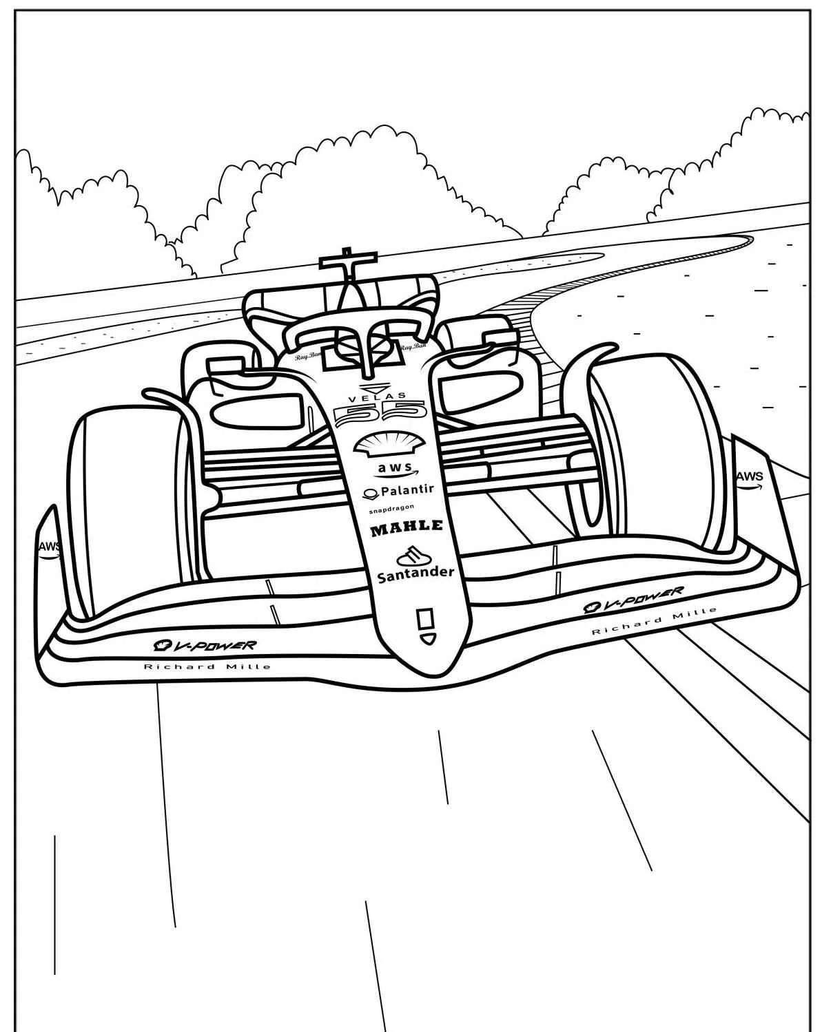 Imagem de um carro de Fórmula 1 em uma pista para colorir