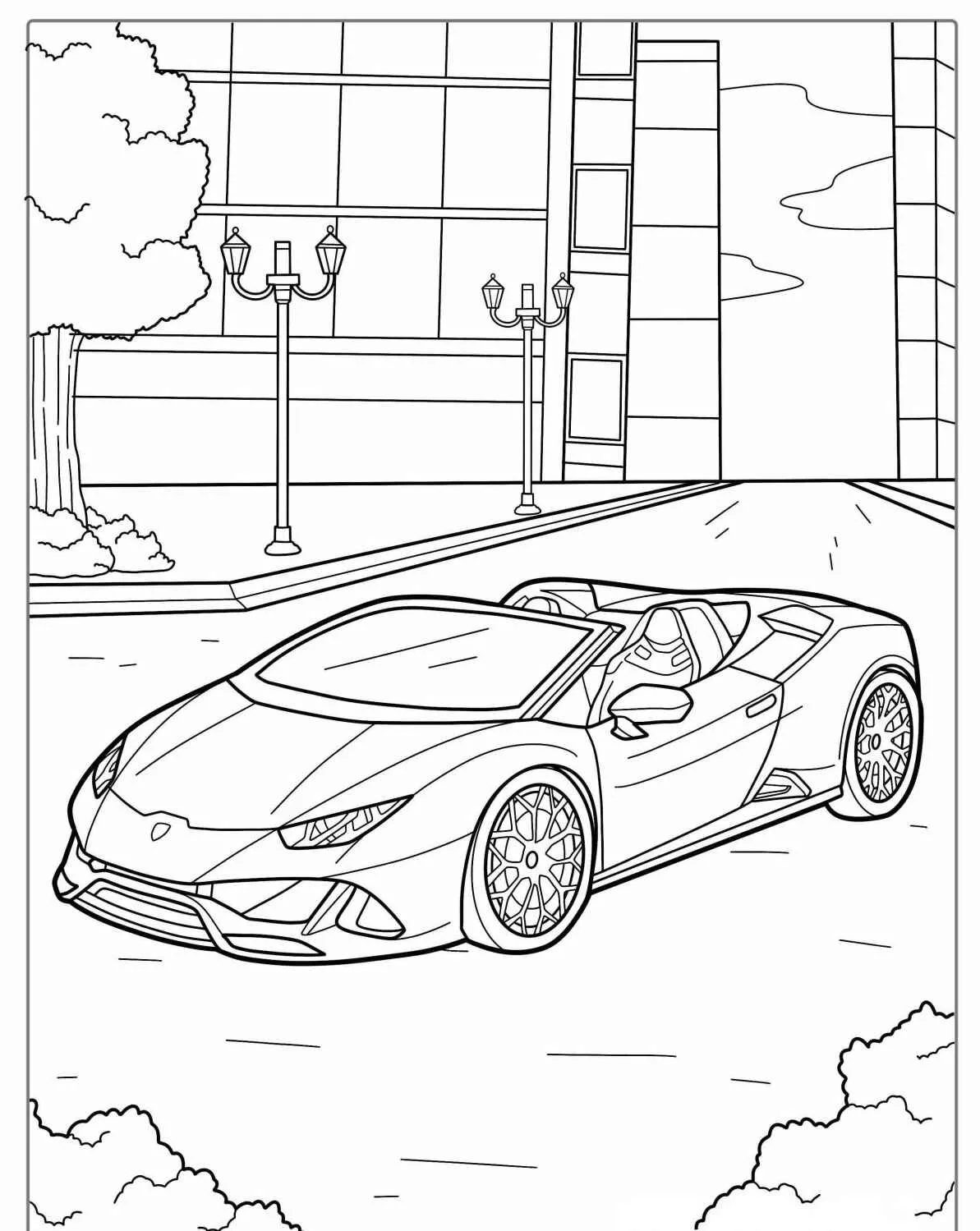 Imagem de um carro esportivo conversível em uma rua da cidade para colorir