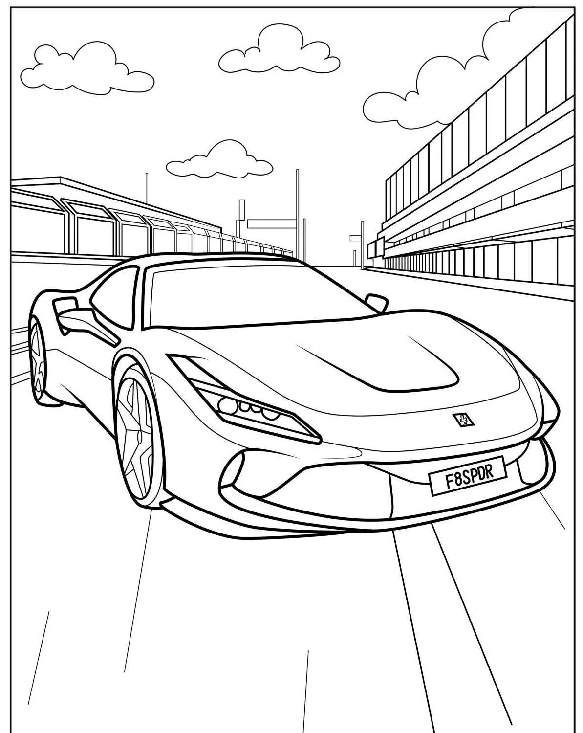 Desenho de um carro esportivo em uma pista de corrida para colorir
