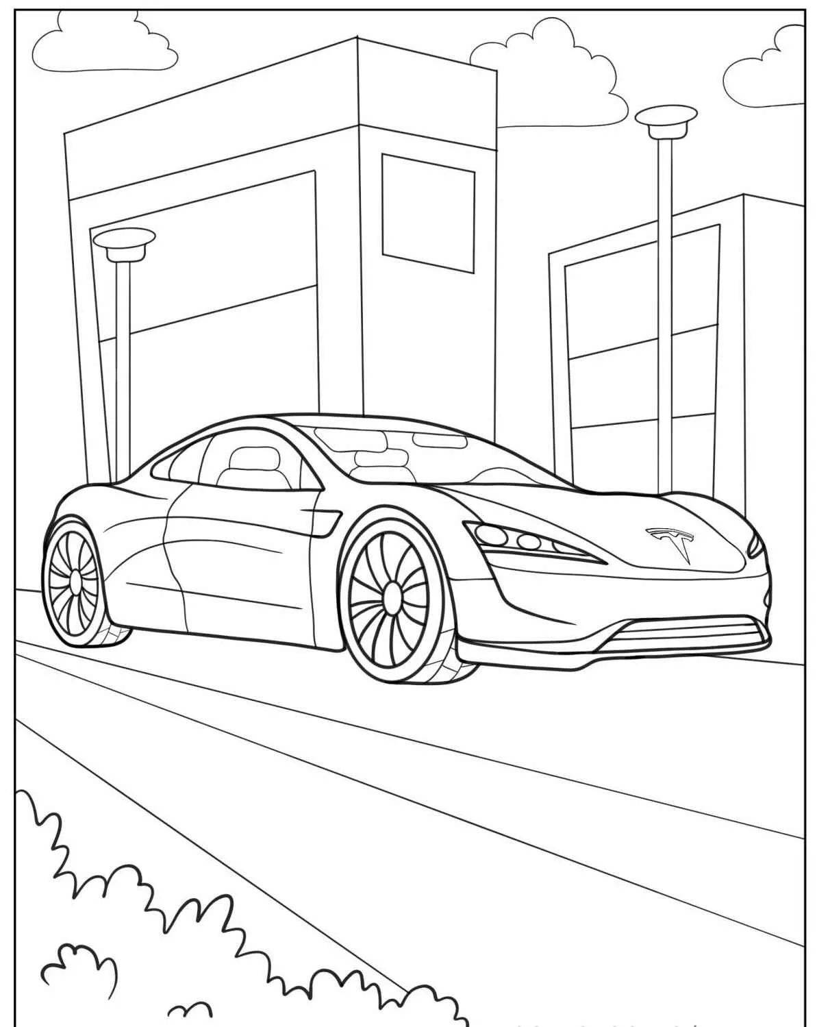 Imagem de um carro esportivo futurista em uma paisagem urbana para colorir