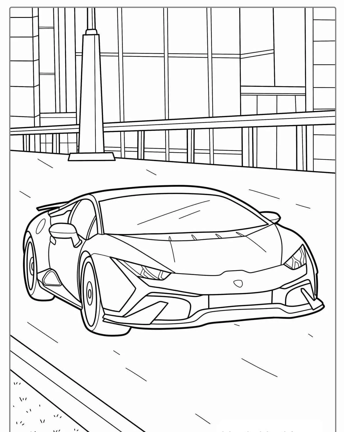 Imagem de um carro esportivo em uma rua da cidade para colorir