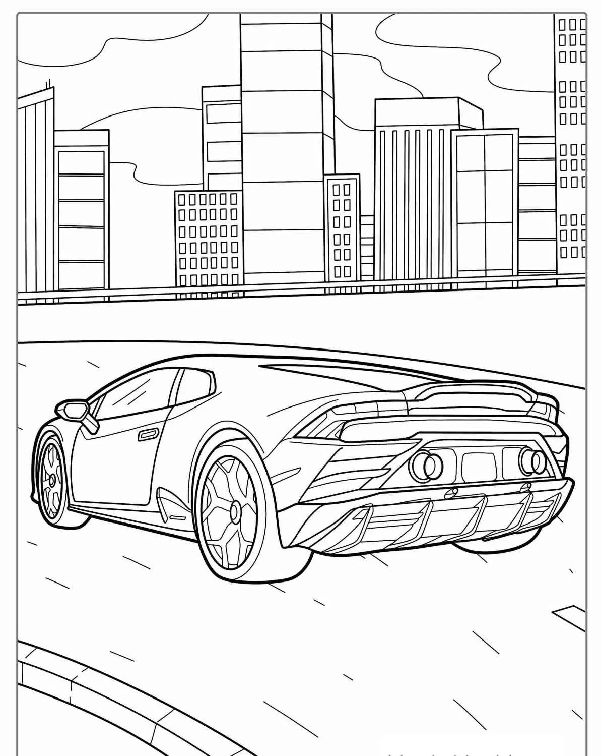 Desenho de carro esportivo em uma estrada urbana para colorir