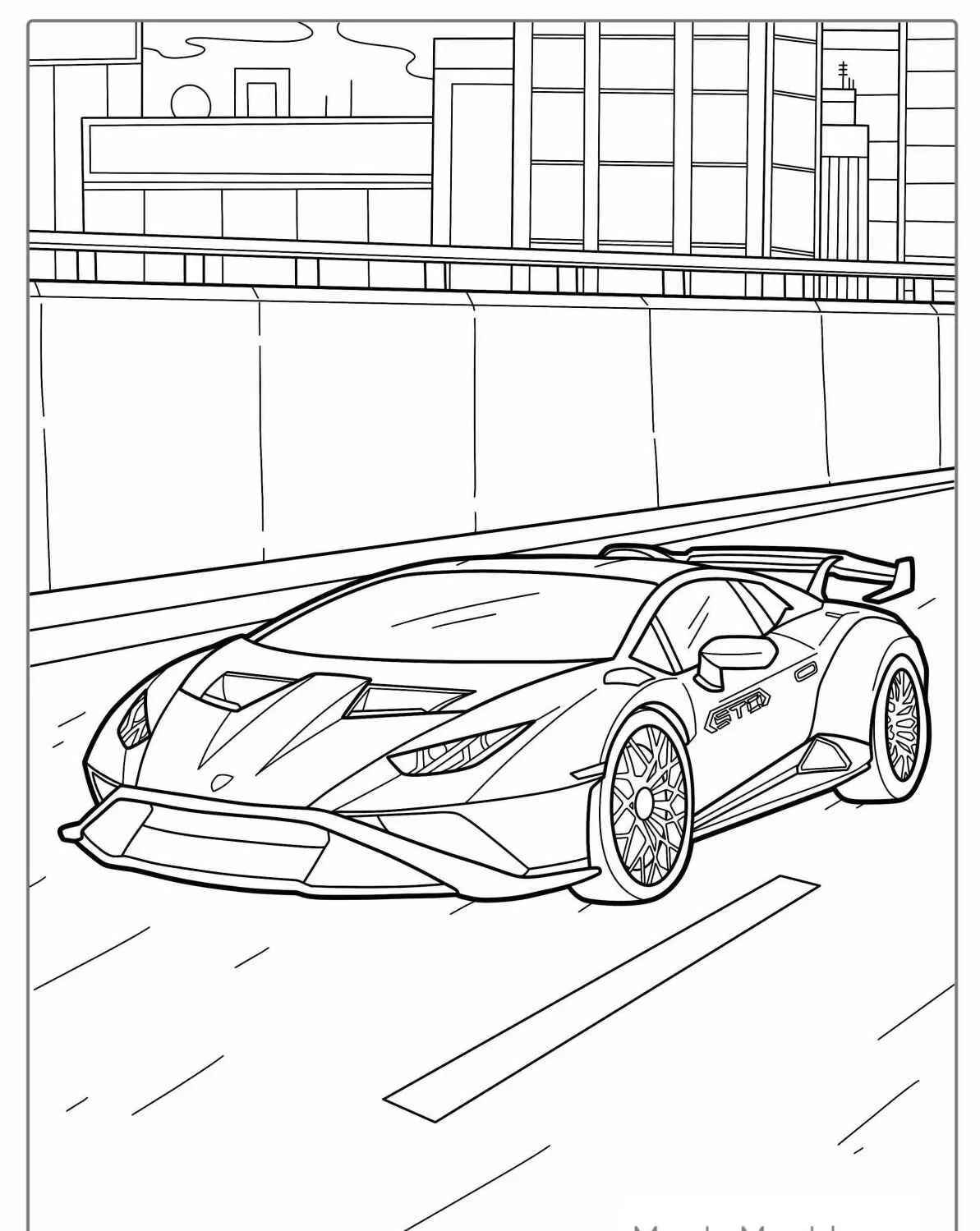 Imagem de um carro esportivo em alta velocidade na estrada para colorir