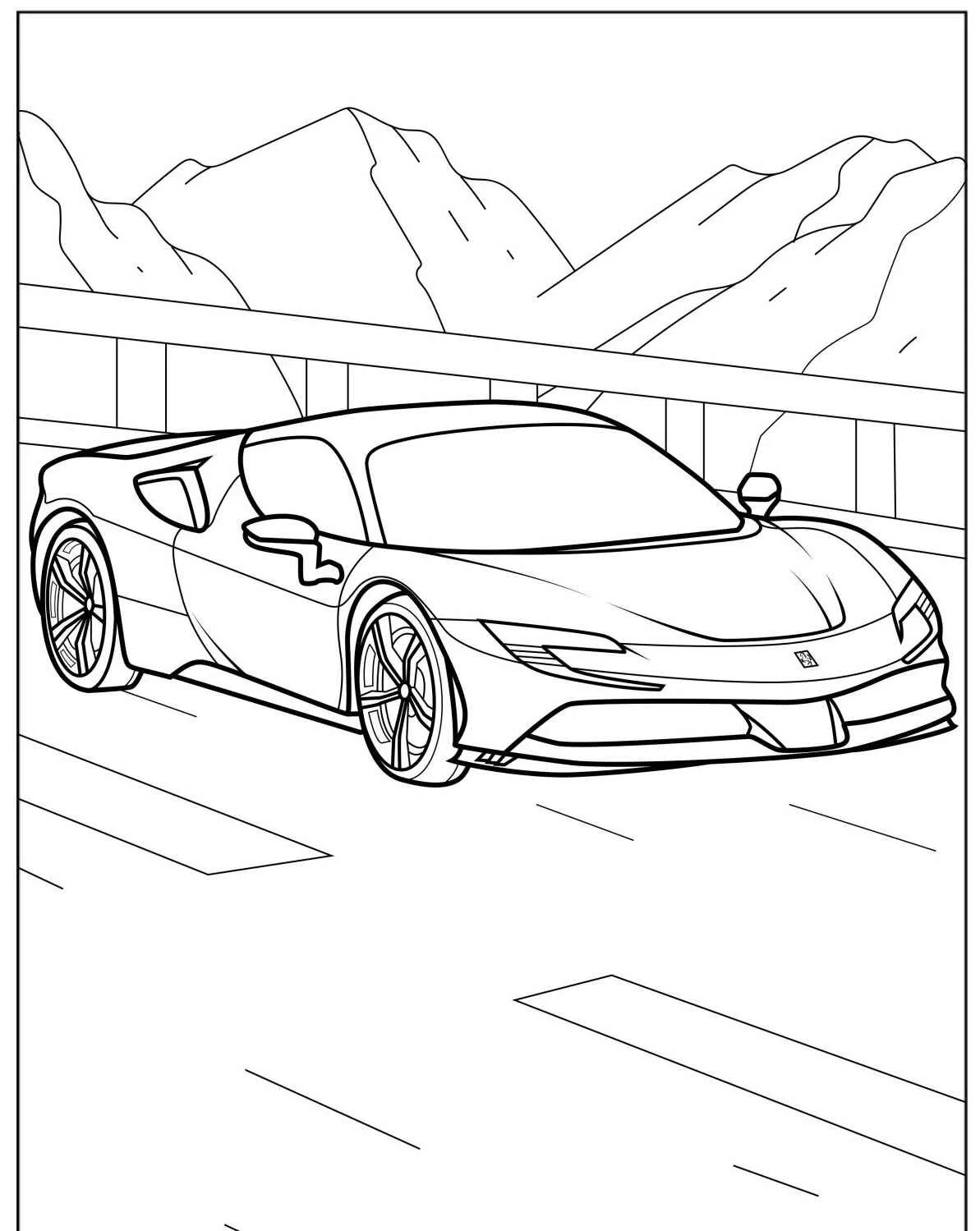 Imagem de um carro esportivo em uma estrada com montanhas ao fundo para colorir