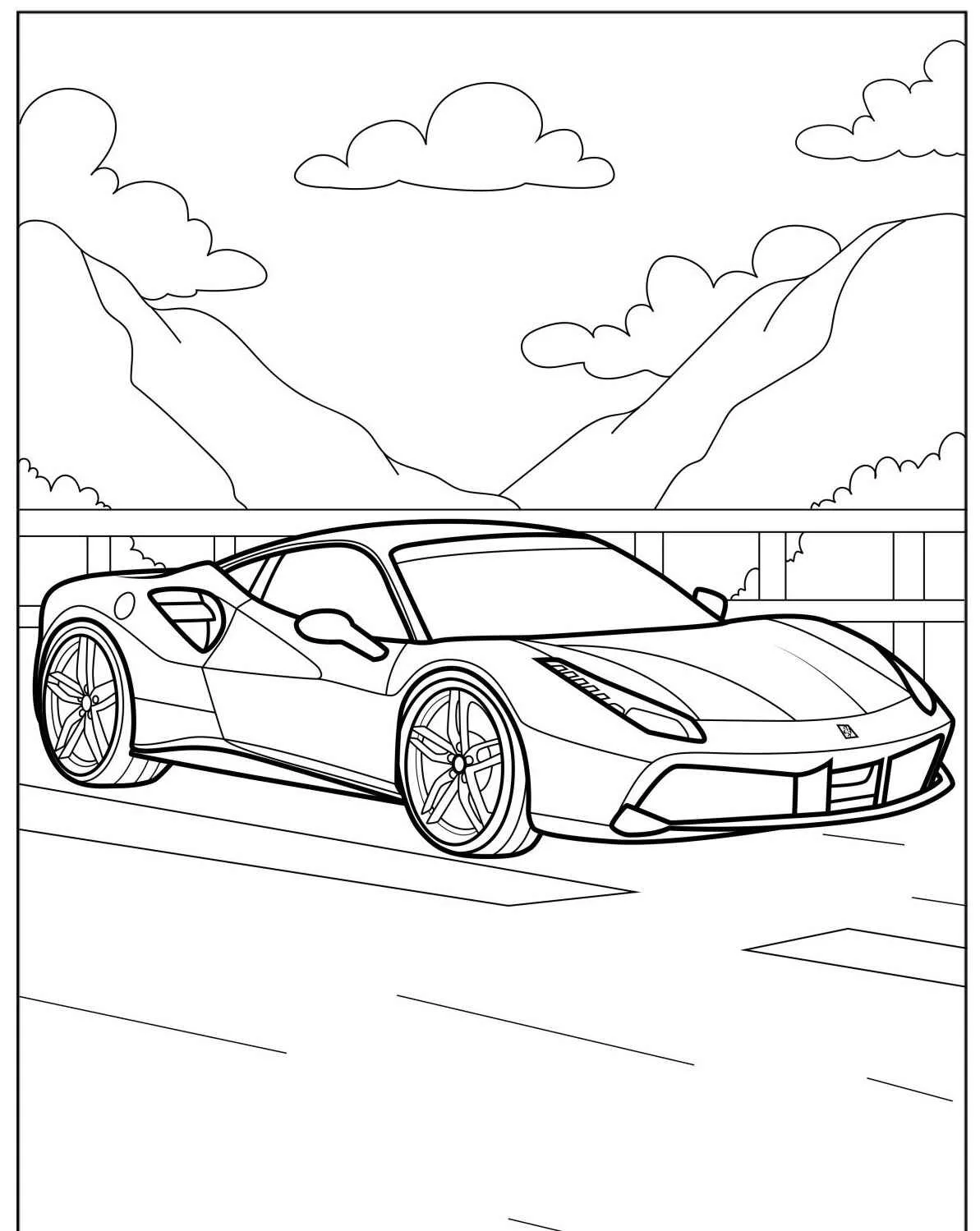 Imagem de um carro esportivo em uma estrada para colorir