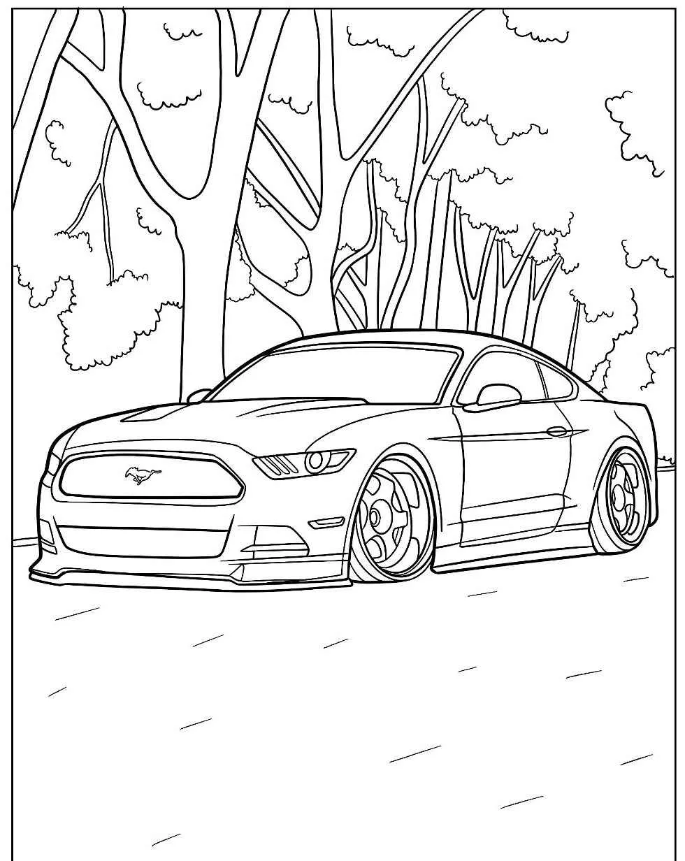 Desenho de carro esportivo em uma estrada cercada por árvores para colorir