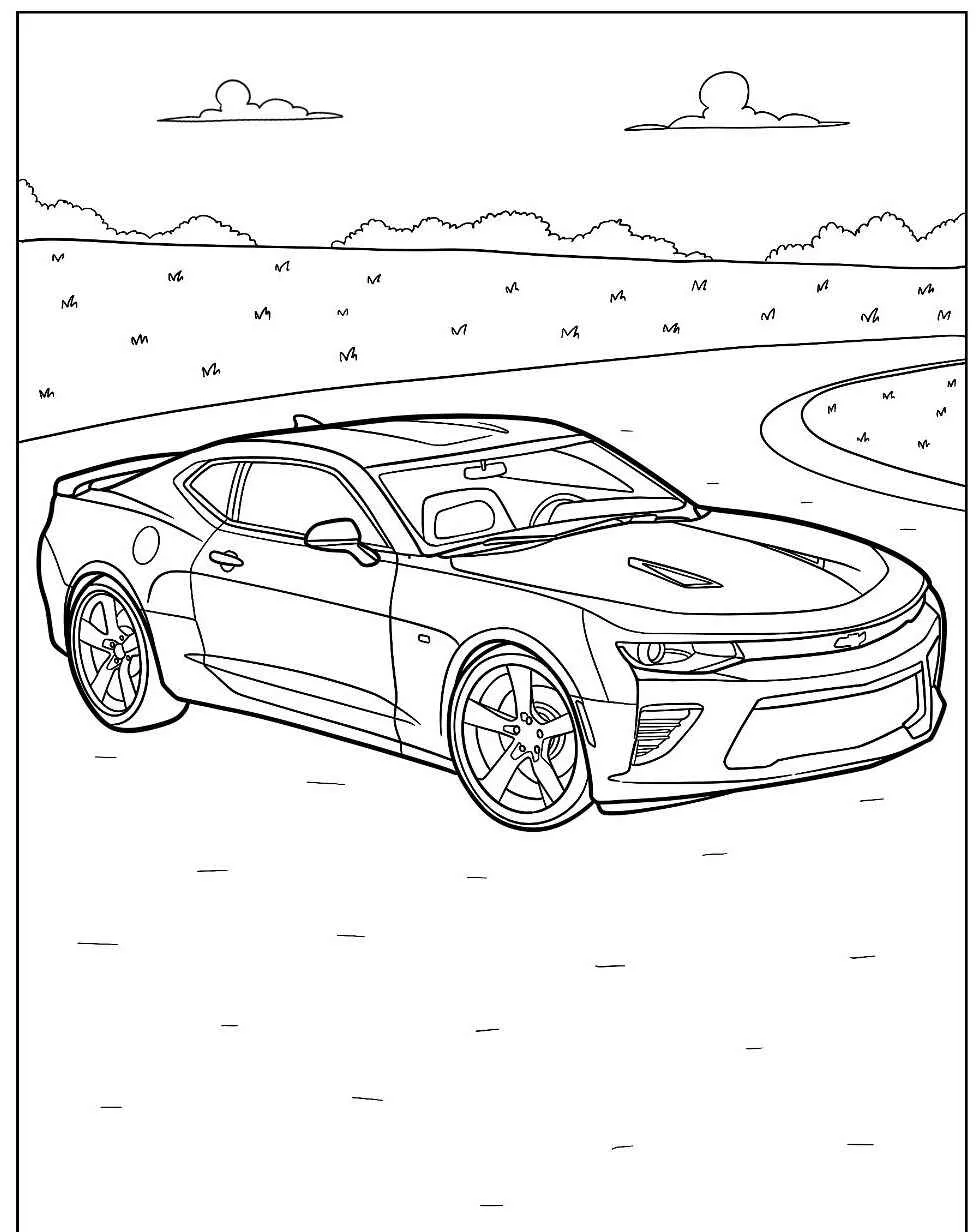 Imagem de um carro esportivo em uma estrada para colorir