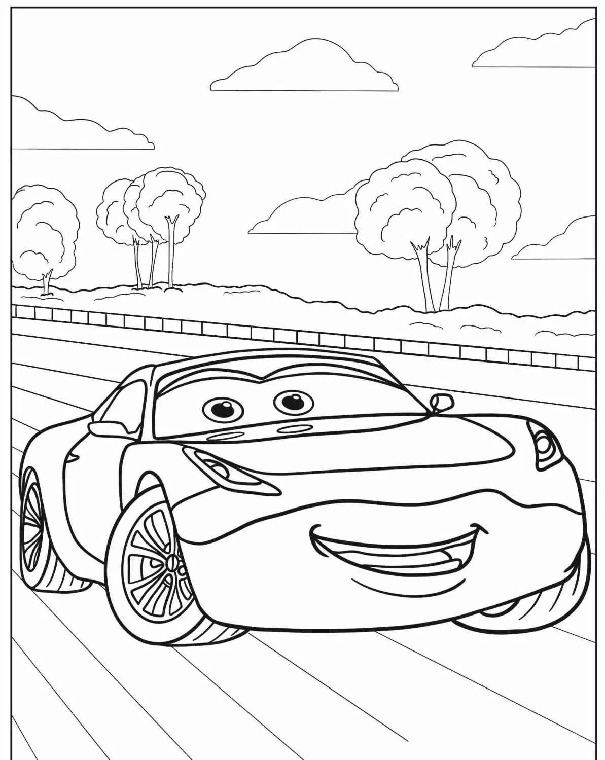 Imagem de um carro esportivo sorridente em uma estrada para colorir