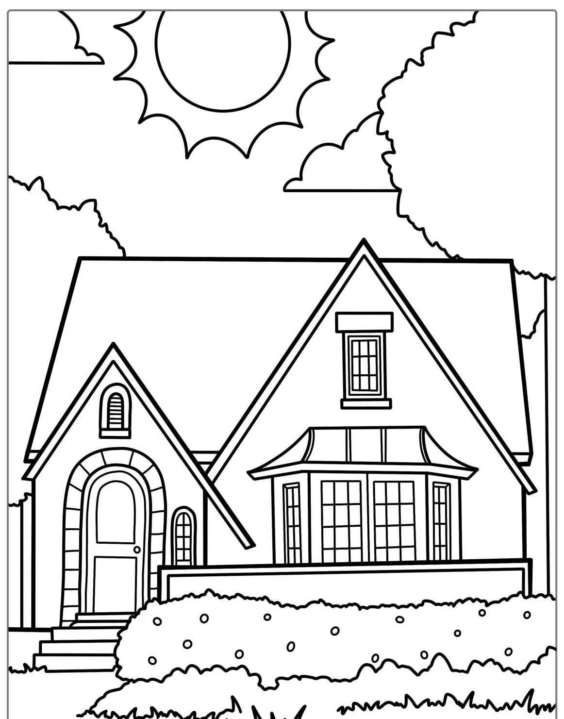Desenho para colorir de uma casa clássica com jardim e sol brilhante