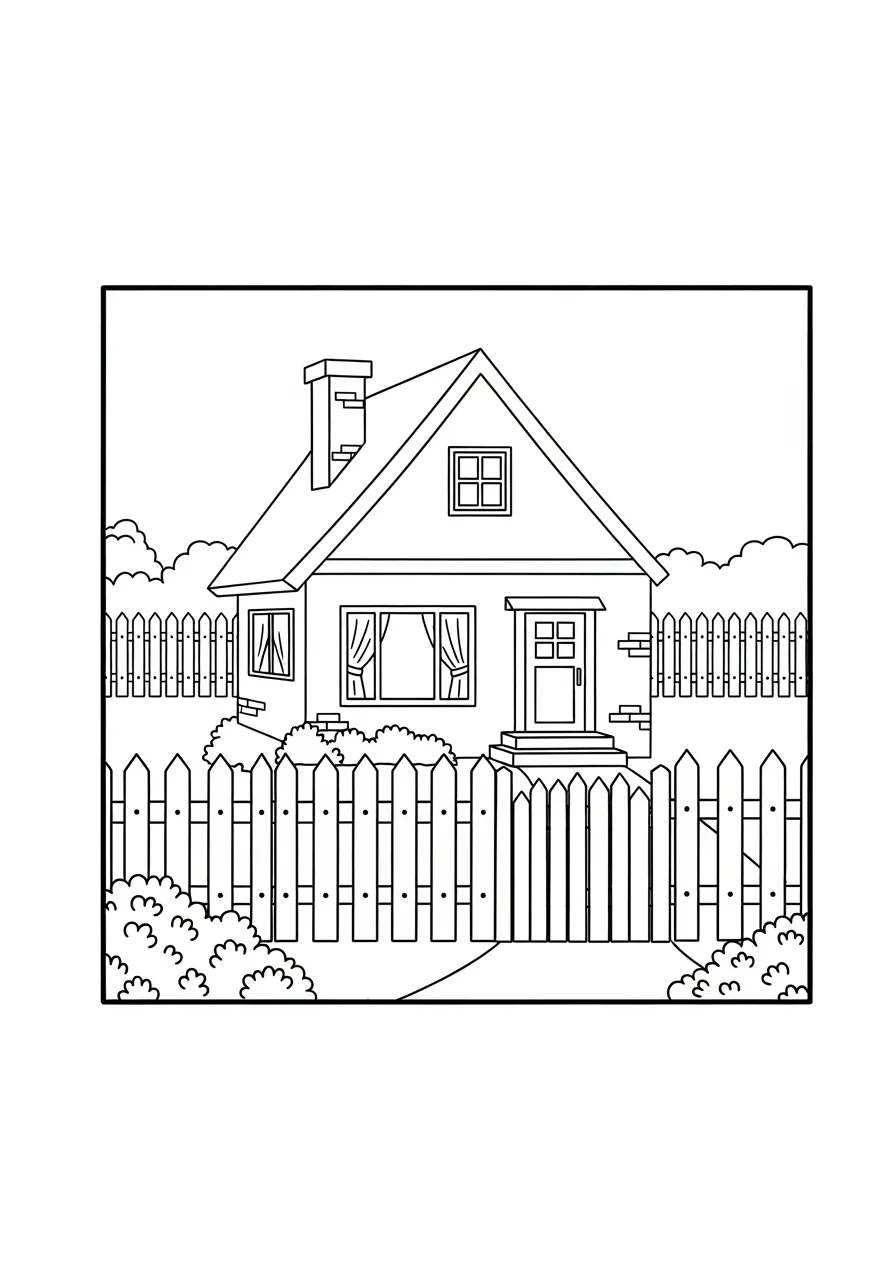 Desenho de uma casa com cerca e chaminé para colorir
