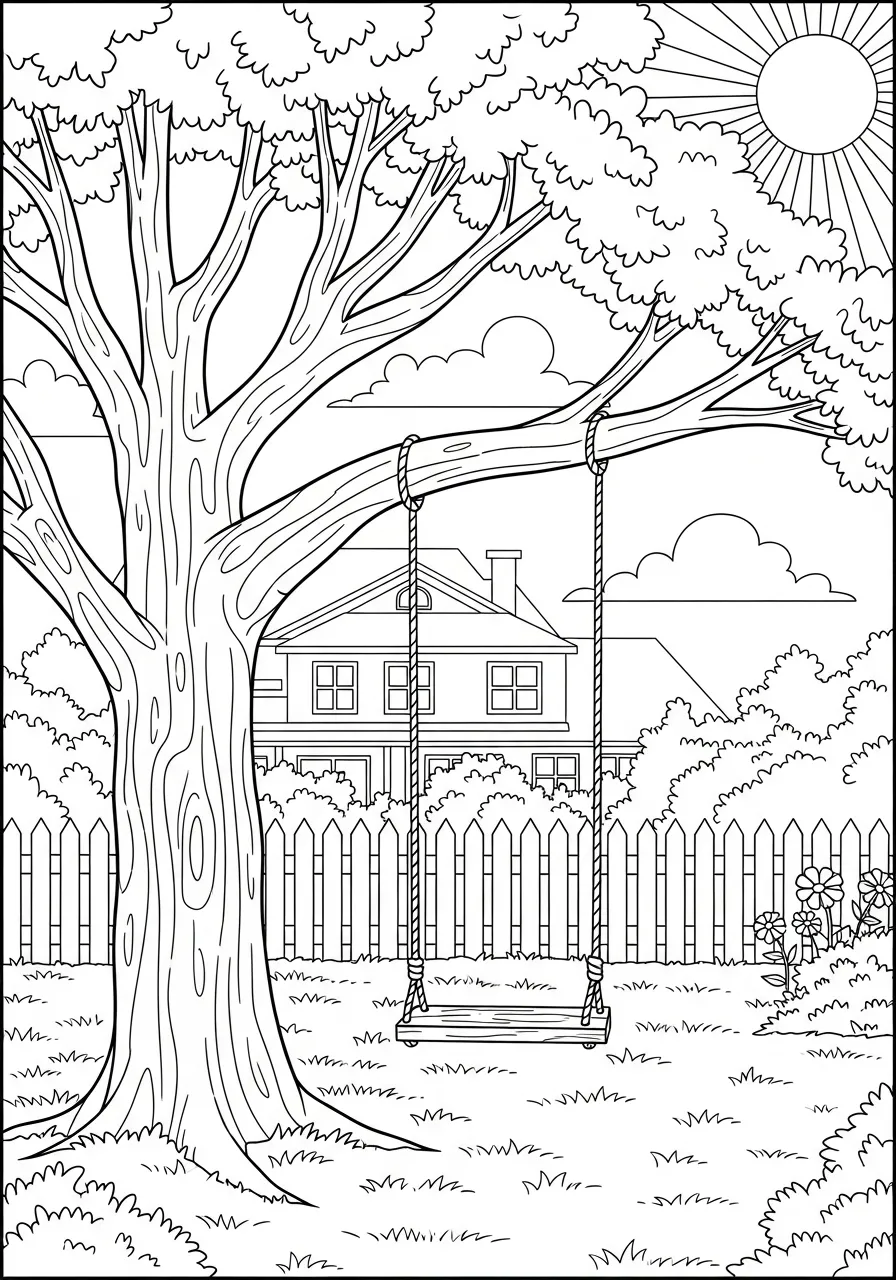 Desenho de uma casa com jardim, balanço e árvore para colorir