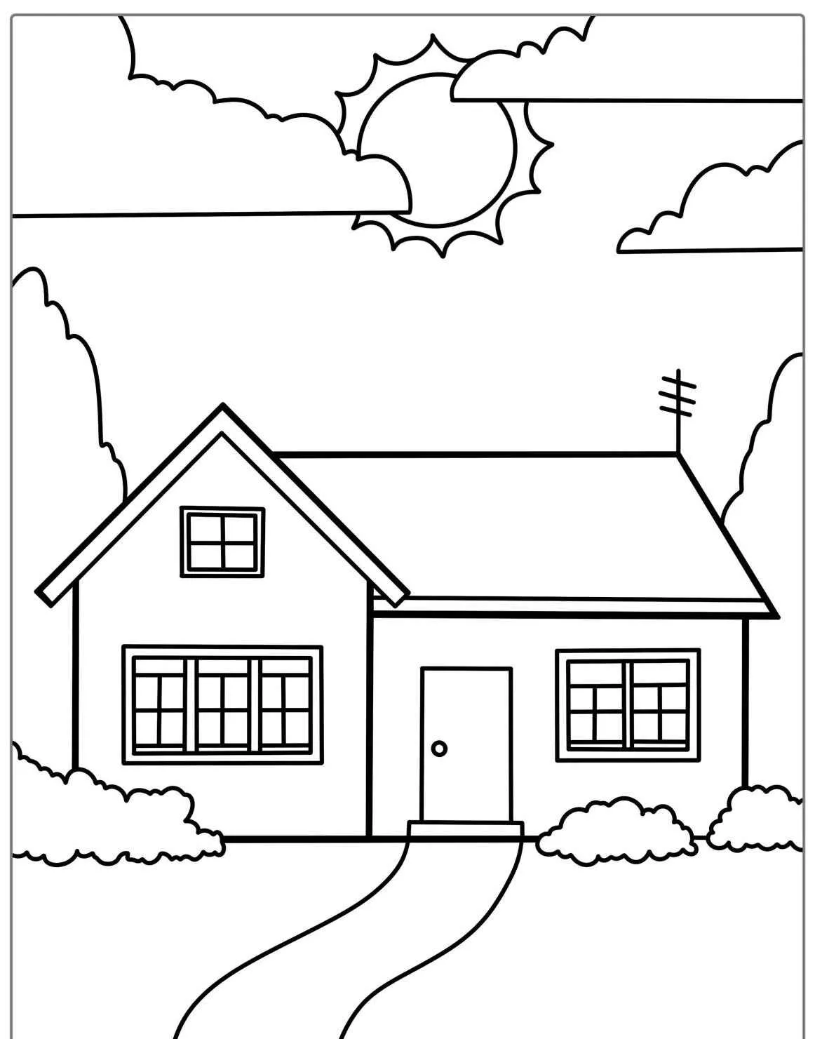 Desenho de uma casa com jardim e sol para colorir