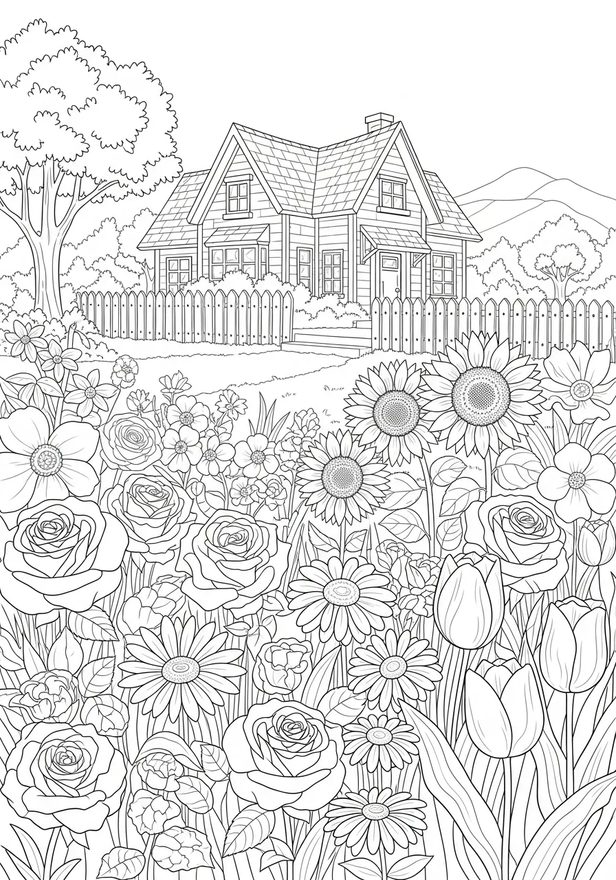 Desenho para colorir de uma casa com jardim florido e cerca