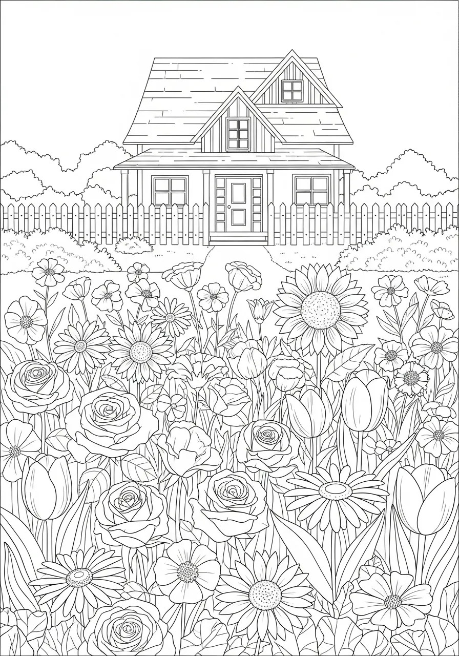 Desenho para colorir de uma casa com jardim florido