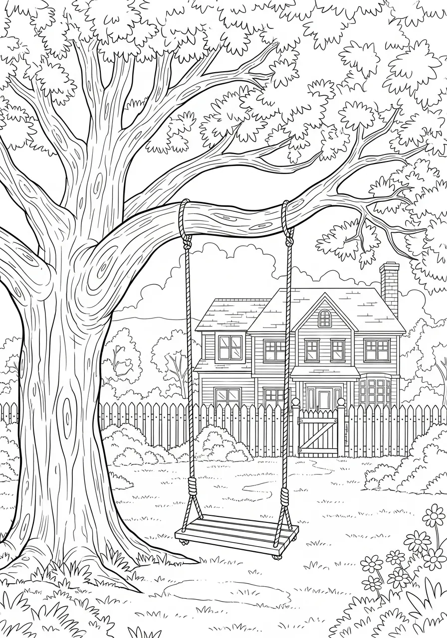 Desenho de uma casa com quintal, árvore e balanço para colorir