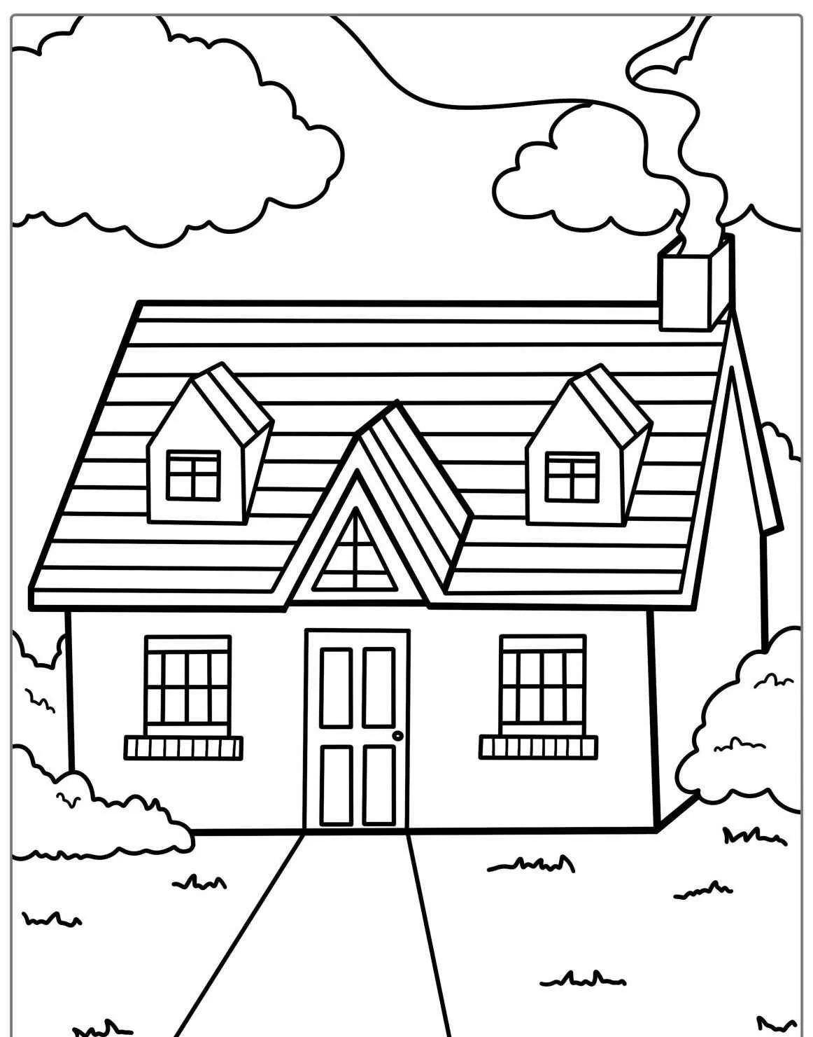Desenho de uma casa com telhado inclinado e chaminé para colorir