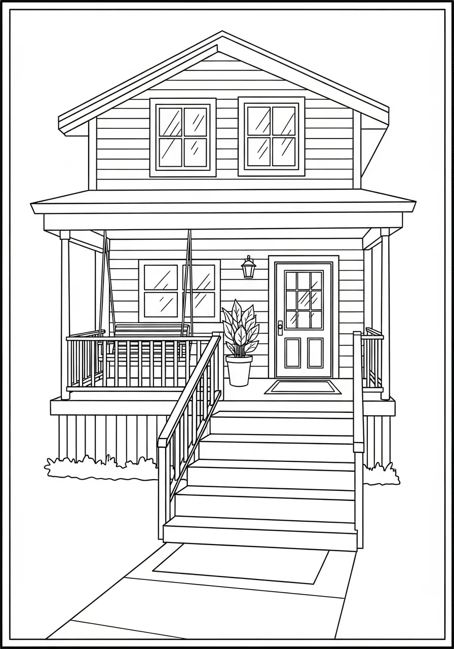 Desenho de uma casa com varanda e escada para colorir