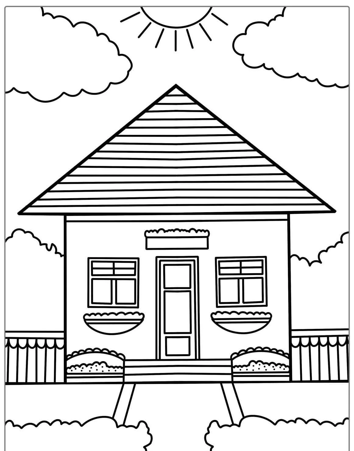 Desenho de uma casa com varanda e jardim para colorir