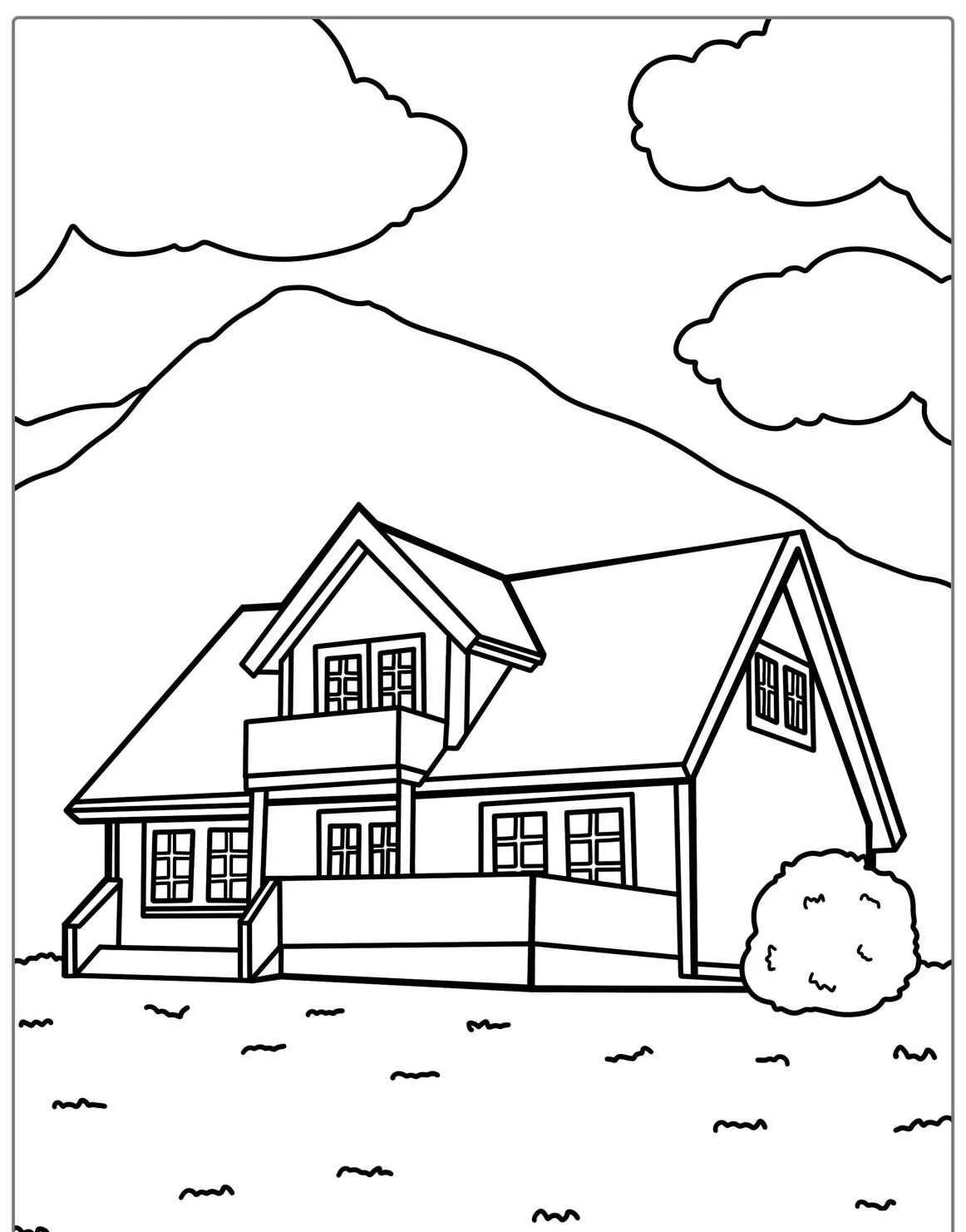 Imagem de uma casa com varanda e montanha ao fundo para colorir