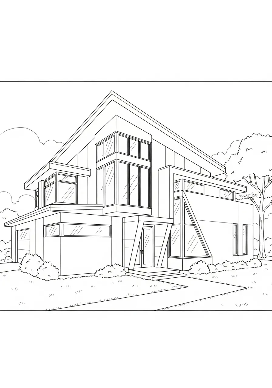 Desenho de uma casa contemporânea com grandes janelas para colorir