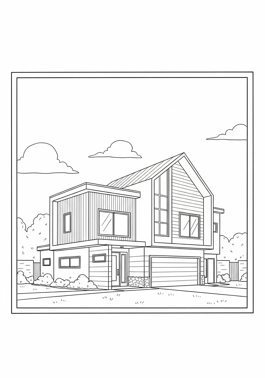 Desenho para colorir de uma casa contemporânea com janelas grandes e telhado inclinado