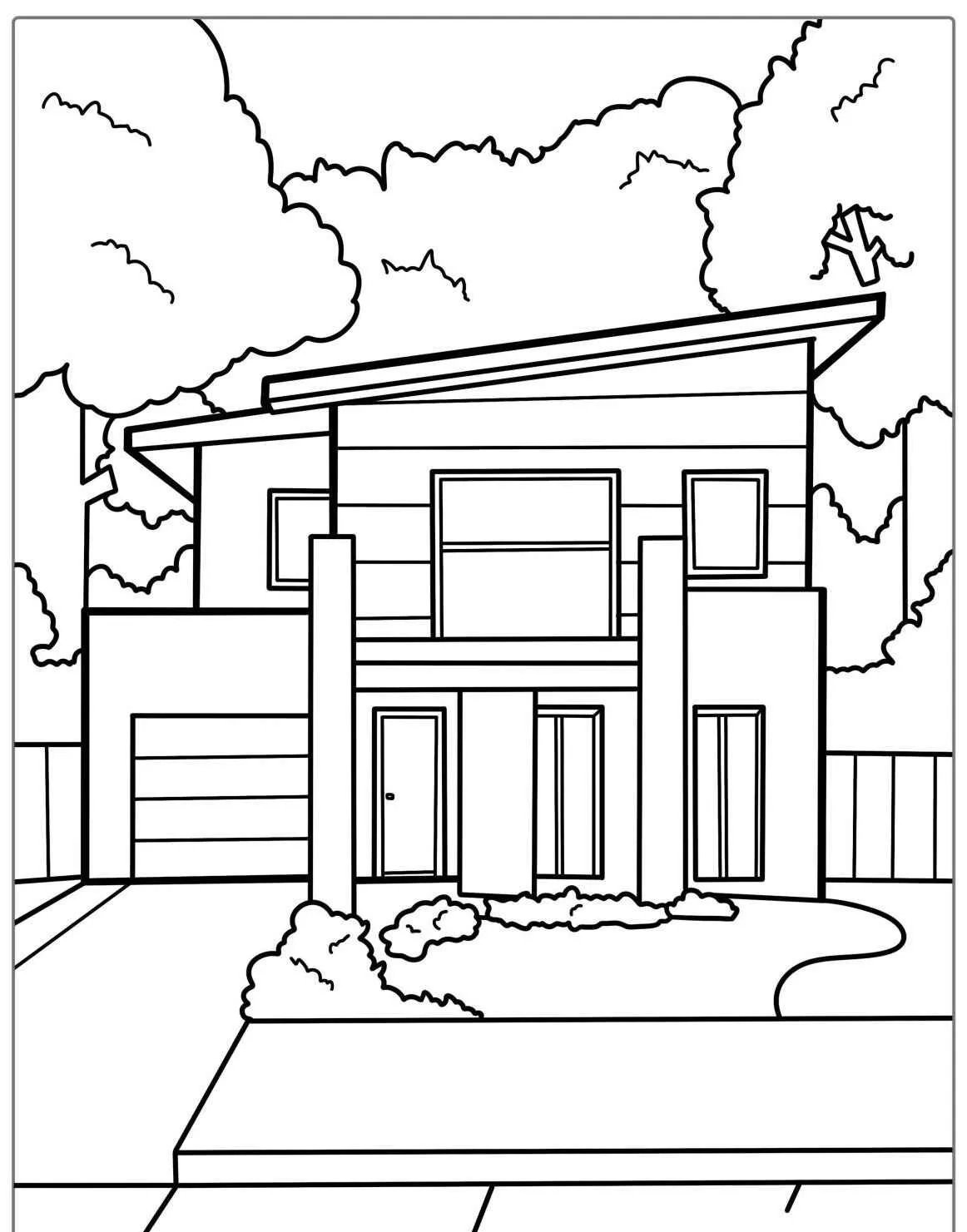 Desenho de uma casa contemporânea com jardim para colorir