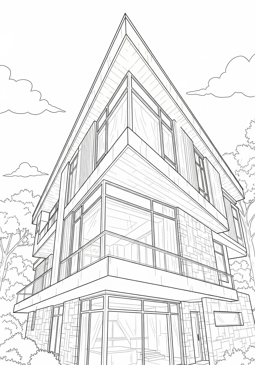 Imagem de uma casa contemporânea com varandas para colorir