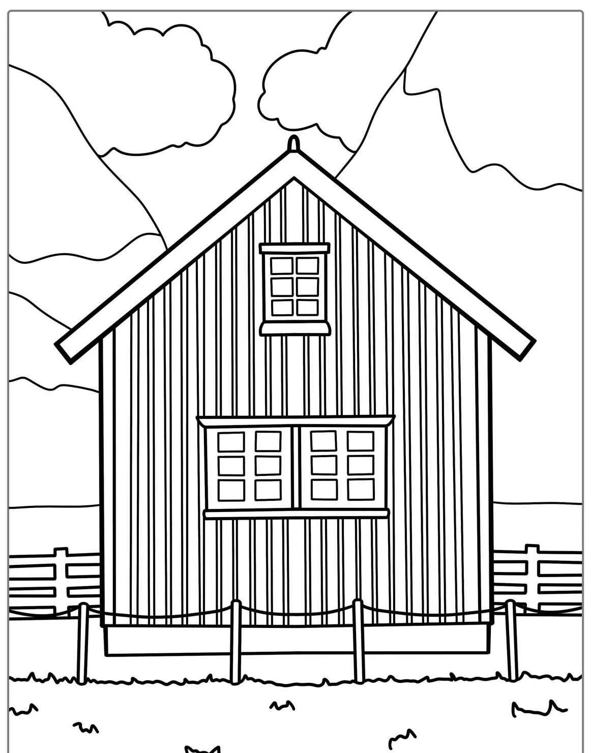 Desenho de uma casa de campo com cerca para colorir