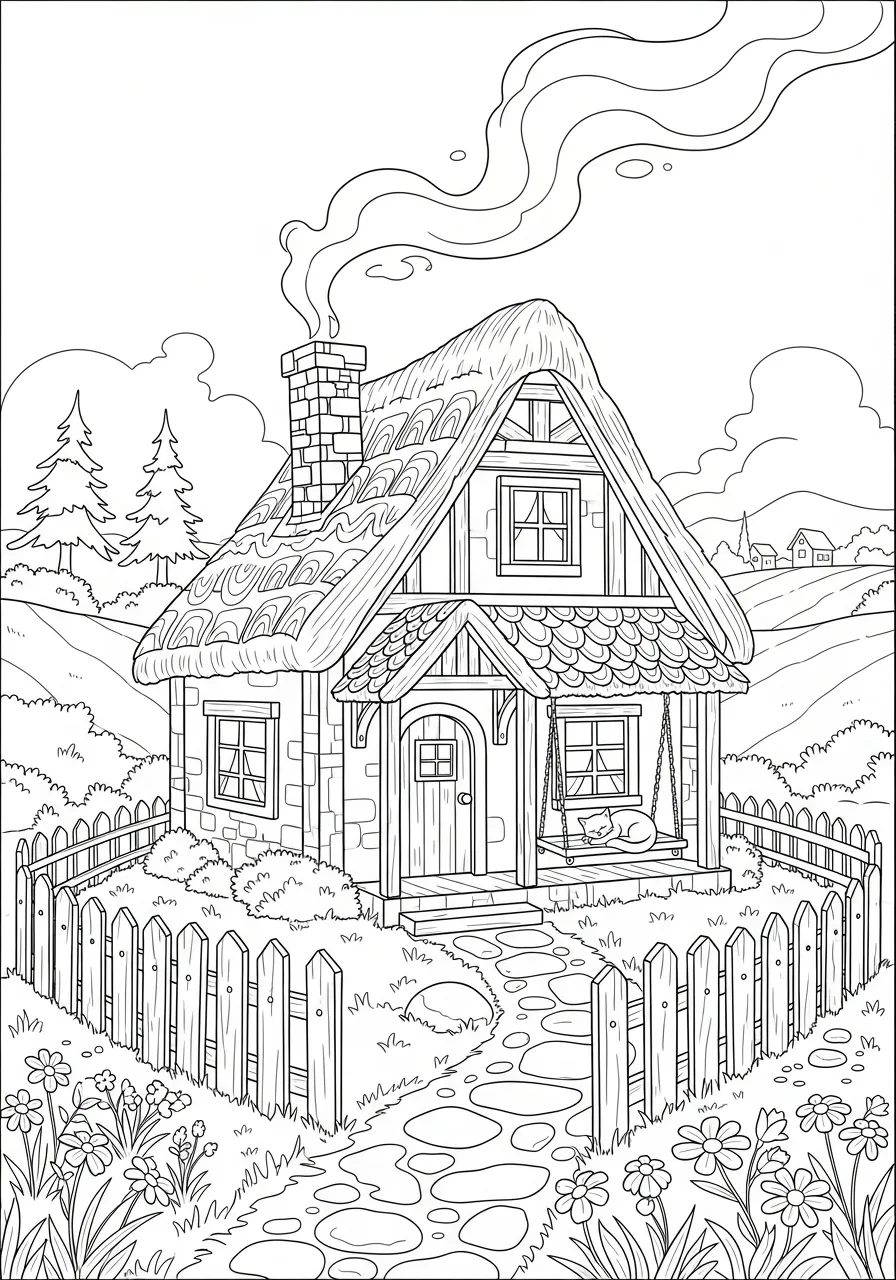 Imagem de uma casa de campo com chaminé e jardim para colorir