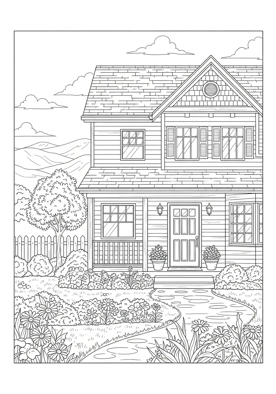 Desenho de uma casa de campo com jardim para colorir