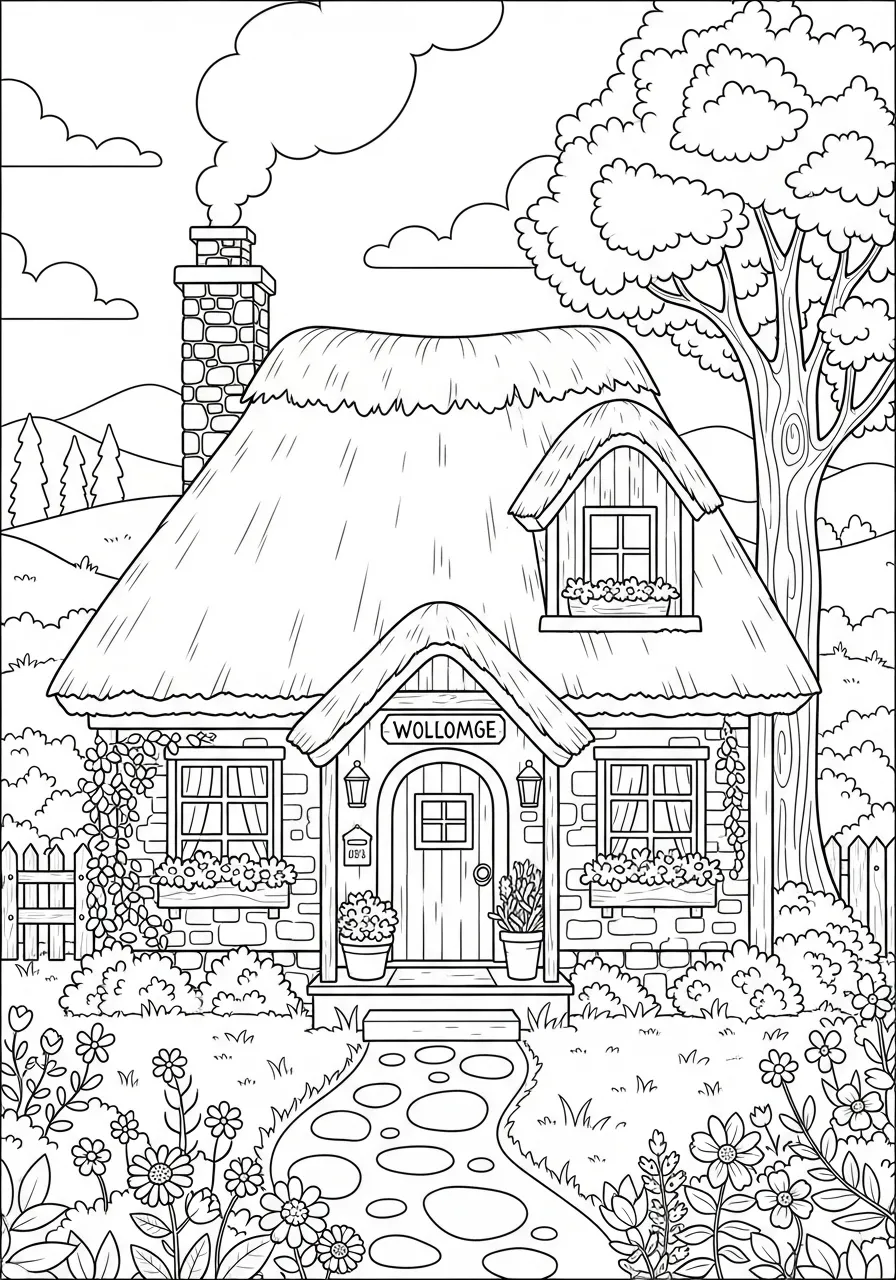 Desenho de uma casa de campo com telhado de palha e jardim para colorir