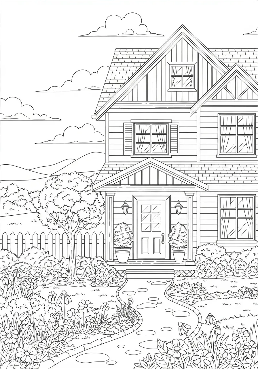 Imagem de uma casa de campo com jardim e caminho para colorir