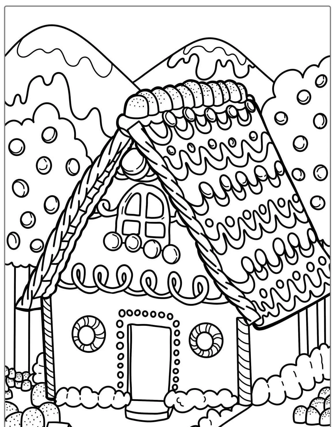 Imagem de uma casa de campo com telhado decorado e árvores ao fundo para colorir