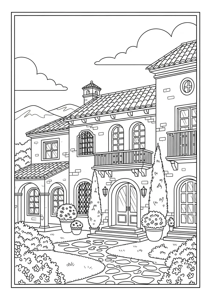 Imagem de uma casa de campo com varanda e jardim para colorir