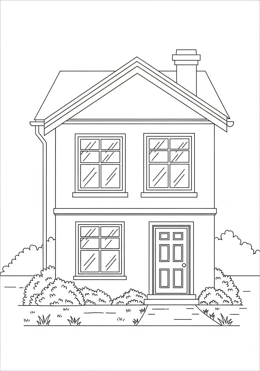 Desenho de uma casa de dois andares com chaminé para colorir