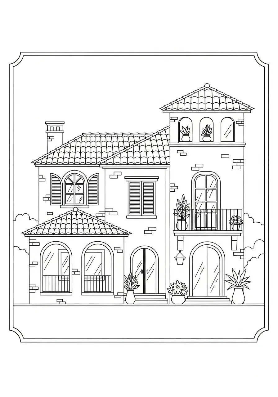 Imagem de uma casa de estilo mediterrâneo com telhado de telhas e varandas para colorir