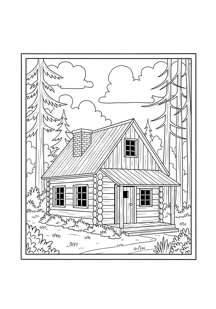 Desenho de uma casa de madeira na floresta para colorir