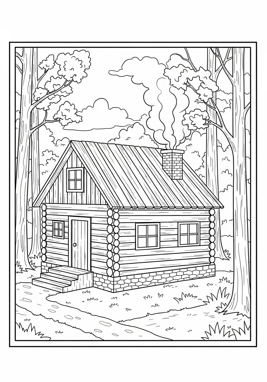 Desenho de uma casa de madeira com chaminé em uma floresta para colorir
