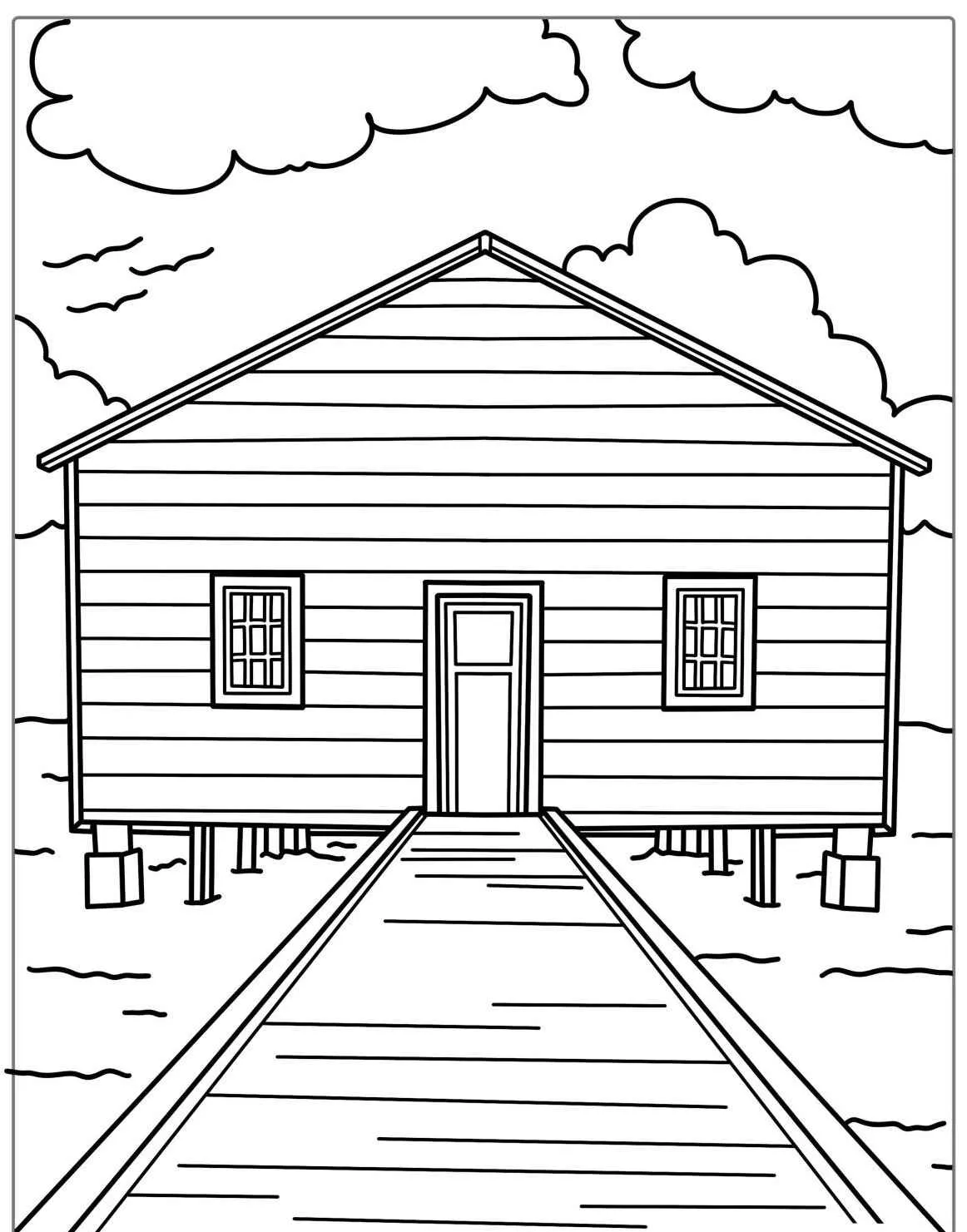 Desenho de uma casa de palafita com passarela para colorir