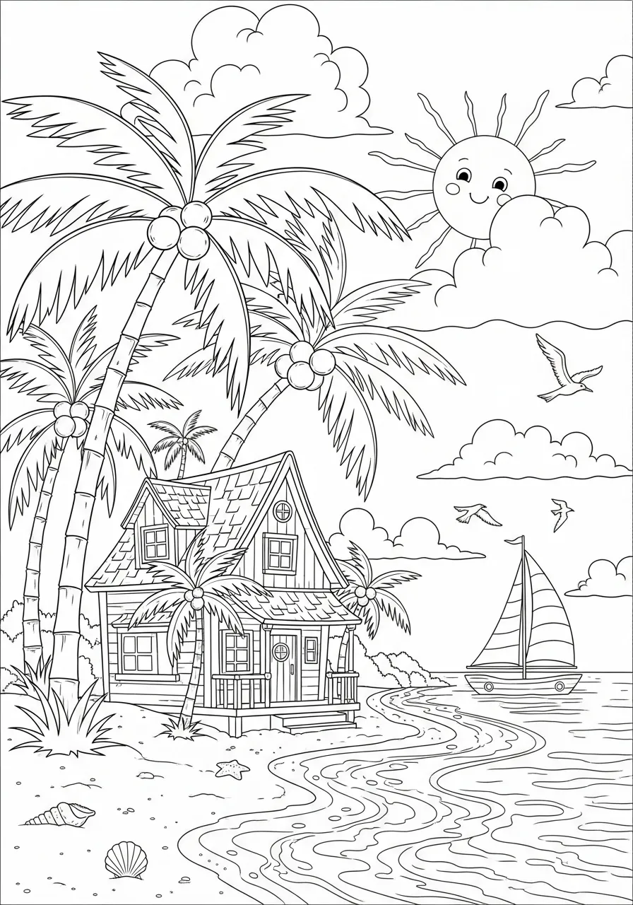 Desenho de uma casa de praia com palmeiras e um barco à vela ao fundo para colorir