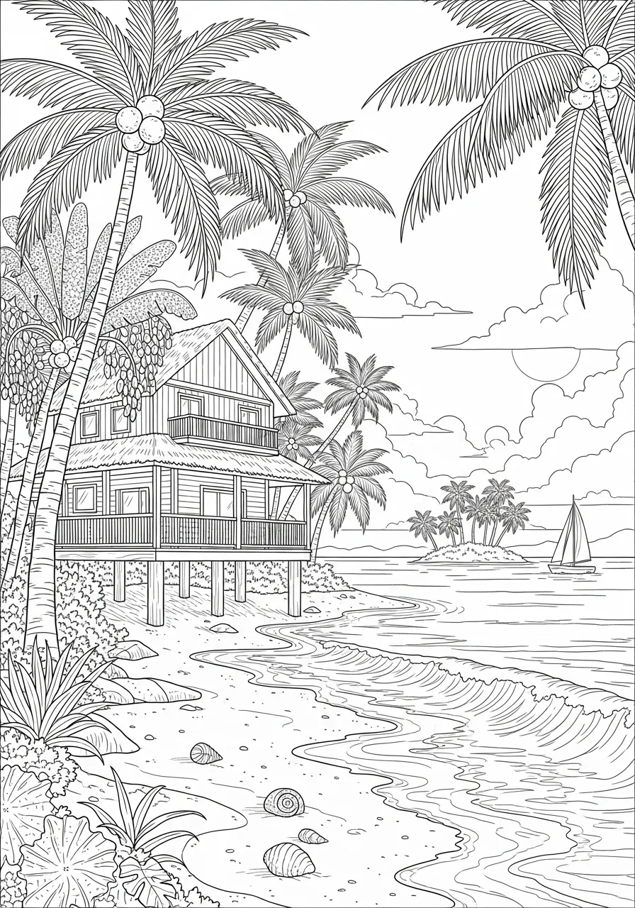Imagem de uma casa de praia elevada com palmeiras ao redor, ideal para colorir