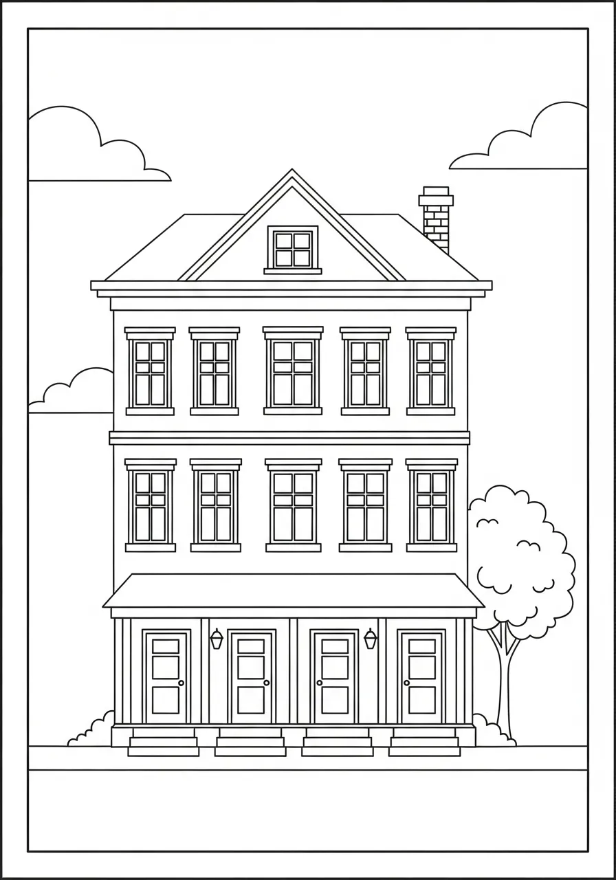 Desenho para colorir de uma casa de três andares com uma árvore ao lado