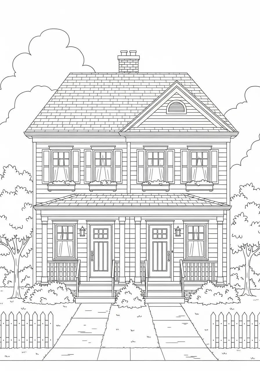 Imagem de uma casa geminada com varanda e chaminé para colorir