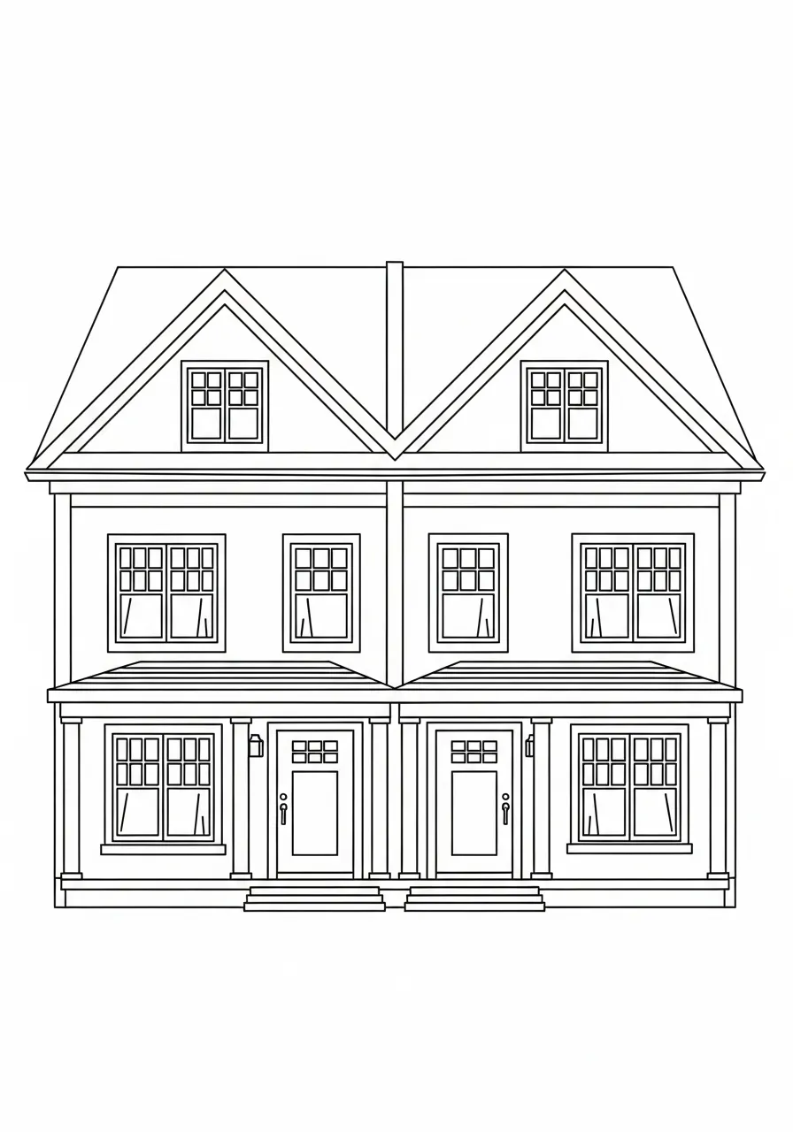 Imagem de uma casa geminada para colorir com dois andares e várias janelas
