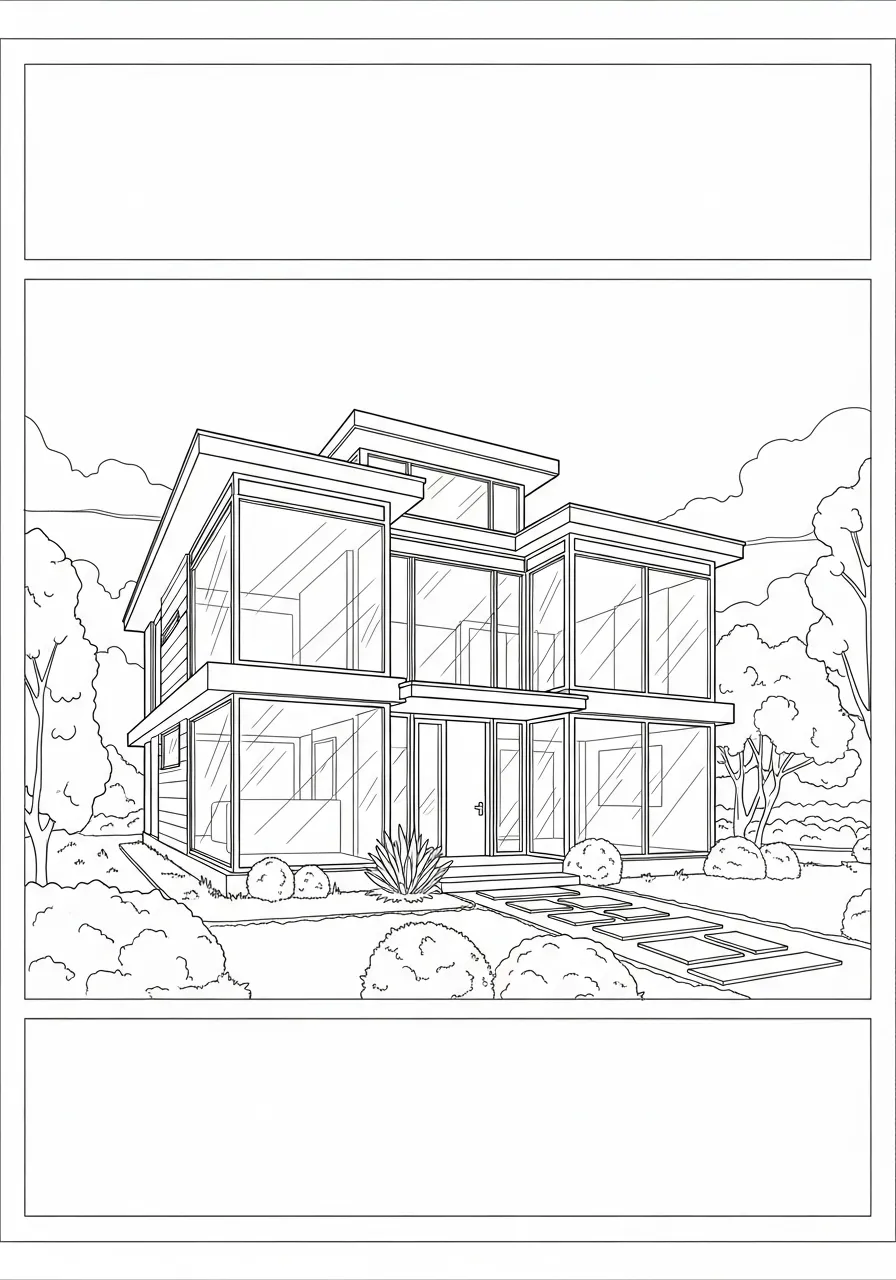 Desenho de uma casa moderna com grandes janelas para colorir