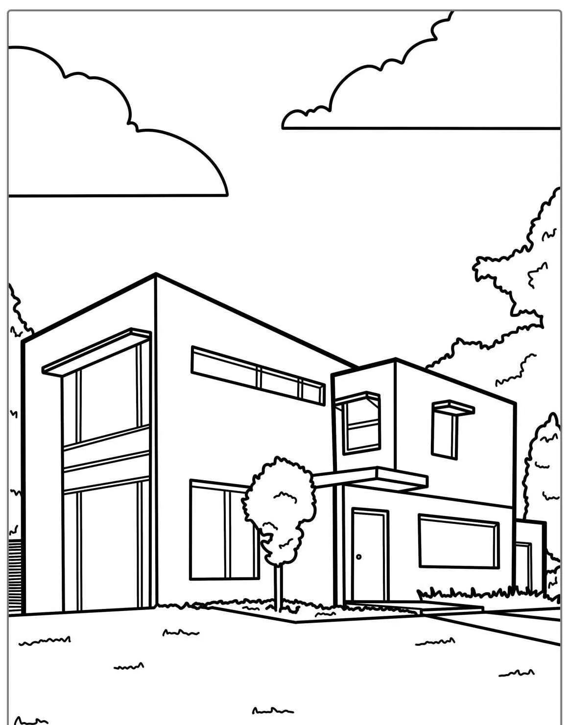 Desenho de uma casa moderna com janelas amplas e linhas retas para colorir